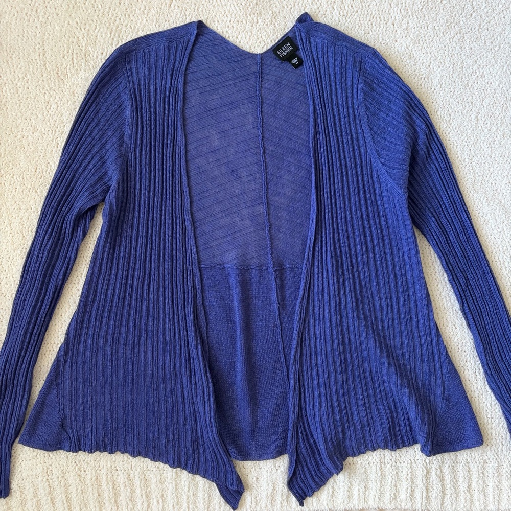 Eileen Fisher Linen Purple Lightweight Knit Open Front Cardigan Size M